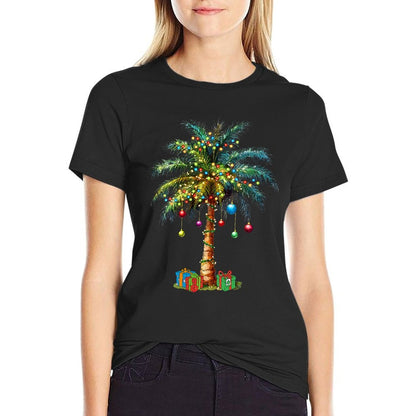 Womens Tropical Christmas Hawaiian Santa Xmas Lights Palm Tree  Trendy Pattern T-Shirt