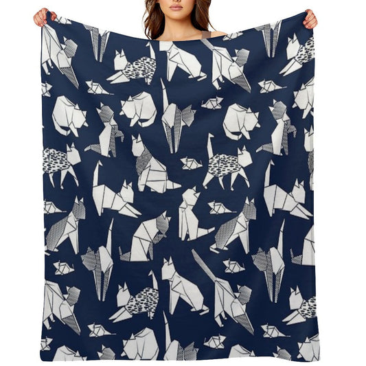 Origami Kitten Friends  Blue Navy Background Paper Cats Throw Blanket