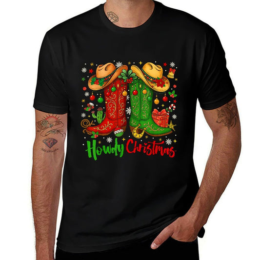 Howdy Christmas Merry Christmas Western Cowboy Cowgirl Boots  Heathered Texture T-Shirt