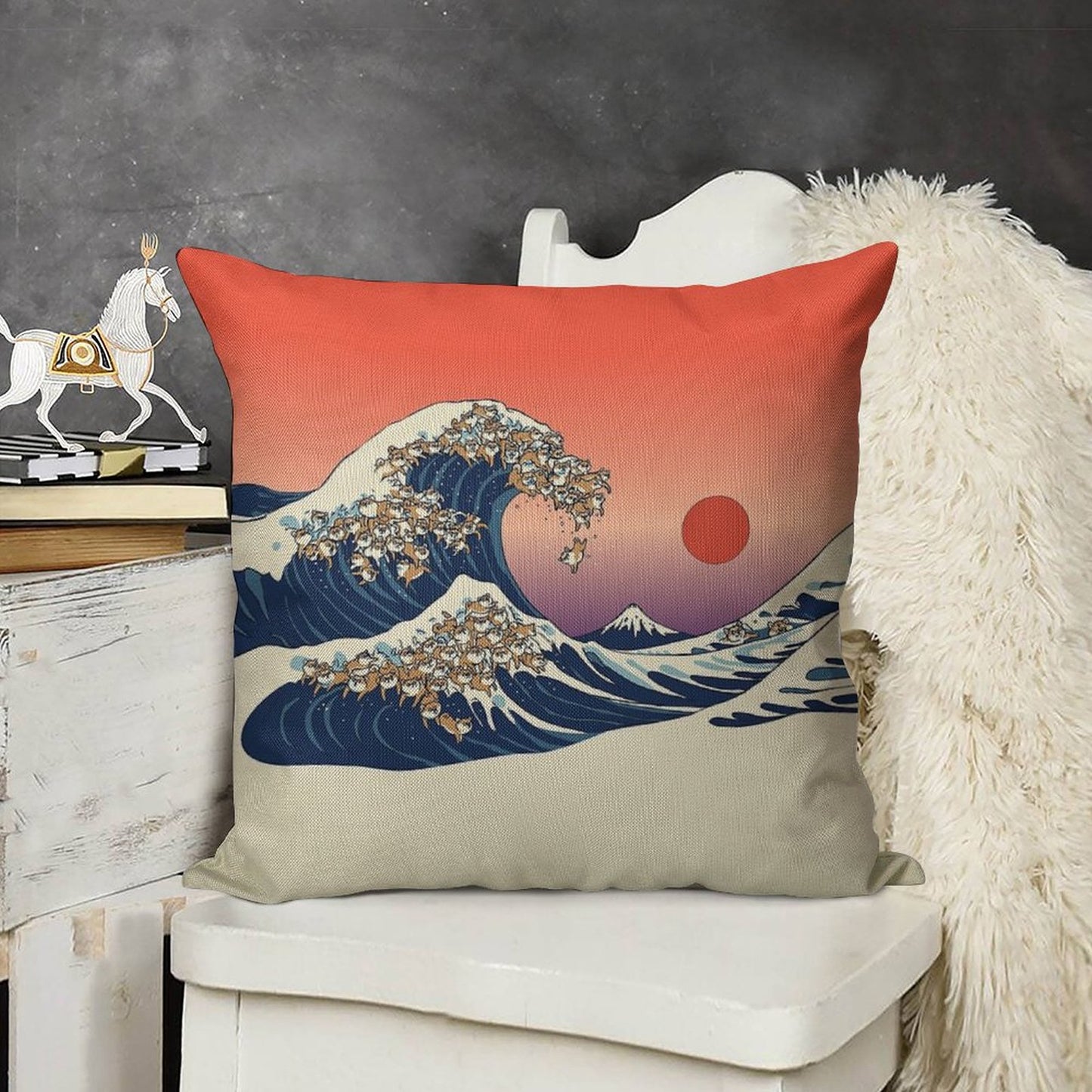 The Great Wave of Shiba Inu Linen Throw Pillow Cover