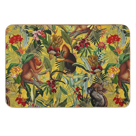 Tropical Monkey Jungle Botanical Garden Pattern - Yellow Nightgarden Bath Mat
