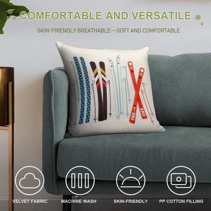 Colorful Retro Ski Illustration Soft Reinforced Edging Throw Pillow