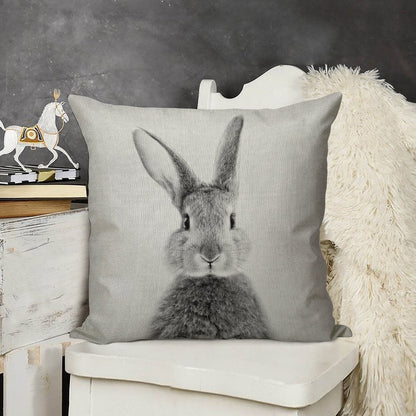 Rabbit - Black & White Linen Throw Pillow Cover