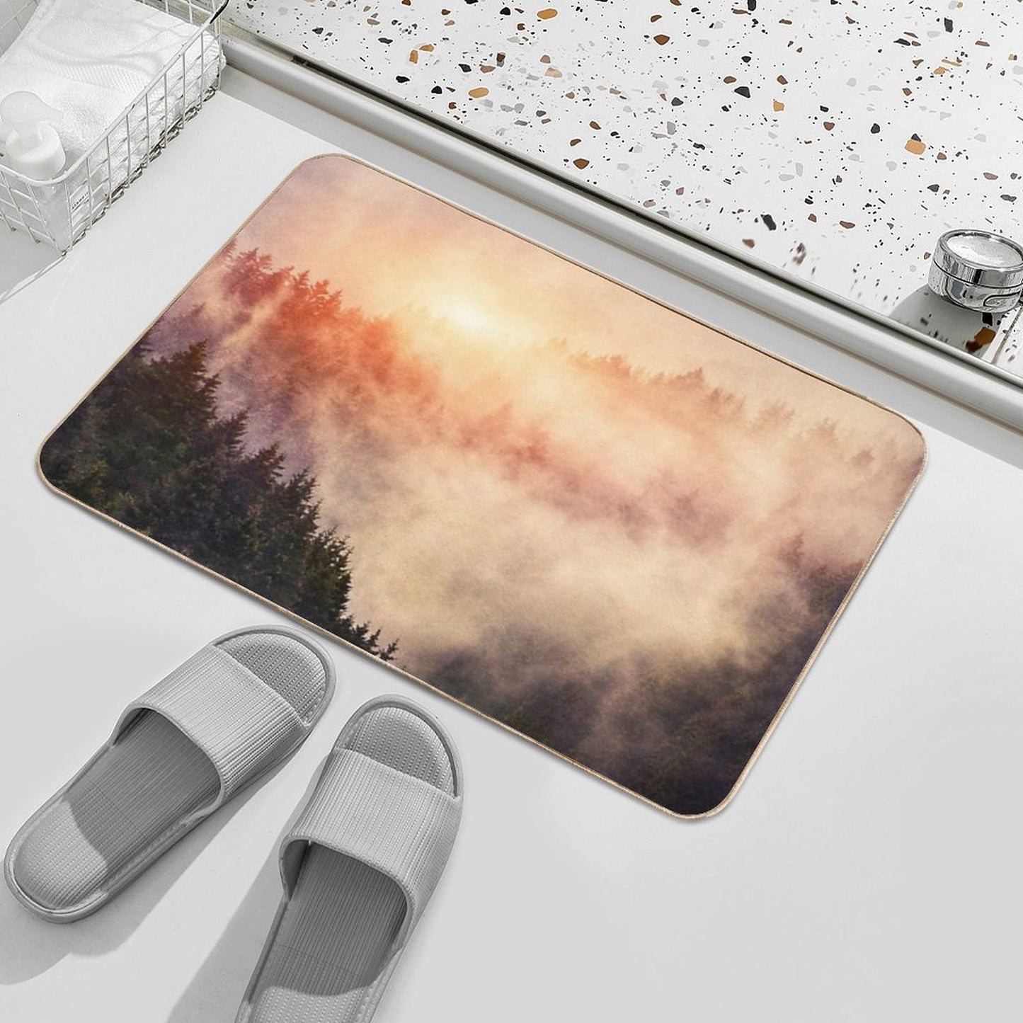 In My Other World  Sunrise In A Romantic Misty Foggy Autumn Fairytale Wilderness Forest With Trees Covered In Fog And Sunlight  Rapid-Drying Bath Mat