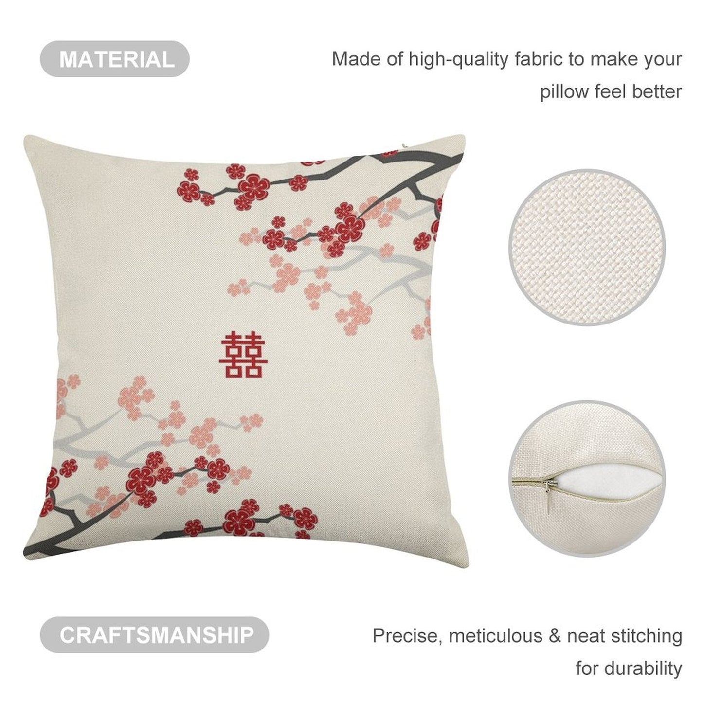 Red Oriental Cherry Blossoms on Ivory And Chinese Wedding Double Happiness  Japanese Sakura © Fatfatin Linen Throw Pillow Cover