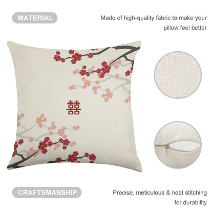 Red Oriental Cherry Blossoms on Ivory And Chinese Wedding Double Happiness  Japanese Sakura © Fatfatin Linen Throw Pillow Cover