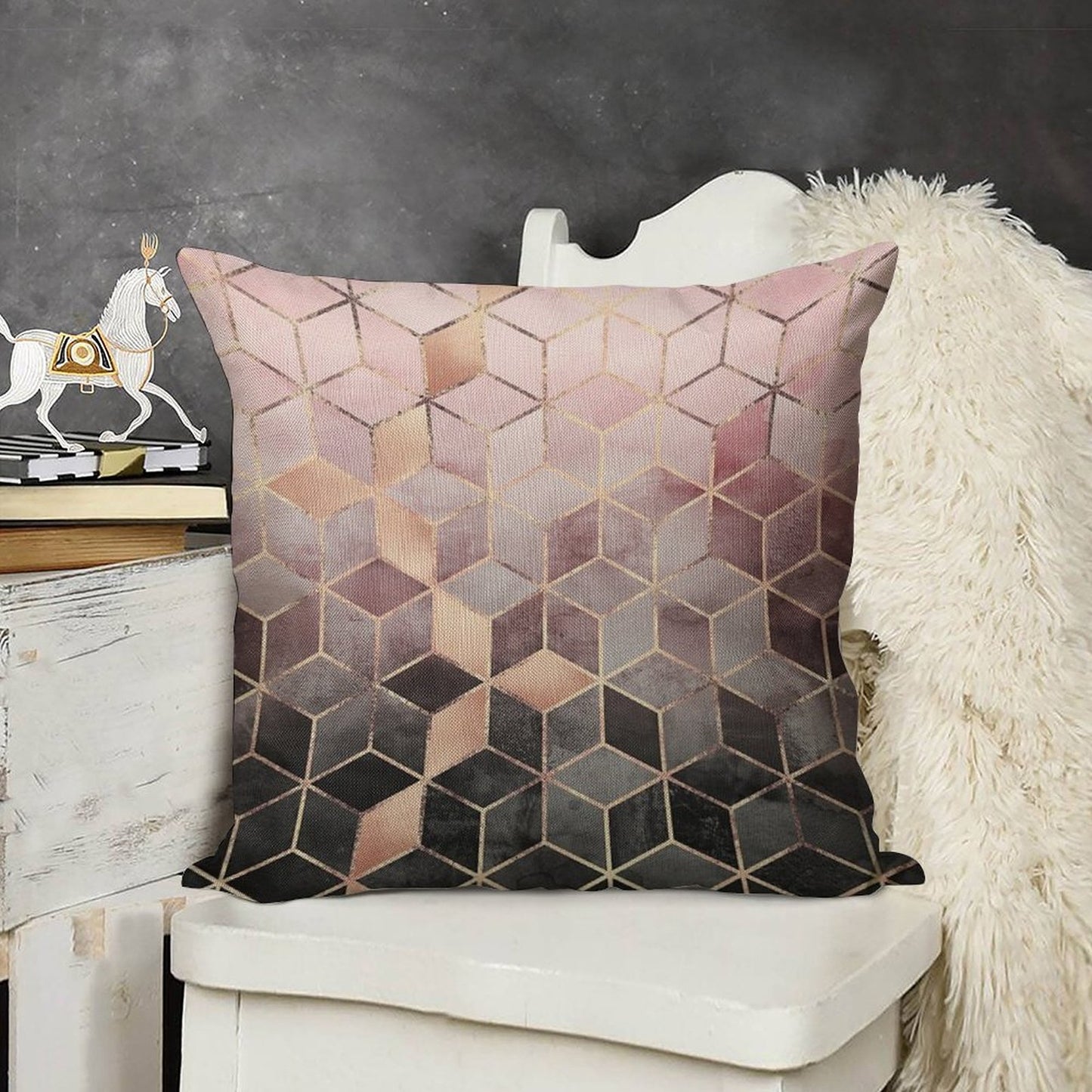 Pink And Grey Gradient Cubes Linen Throw Pillow Cover