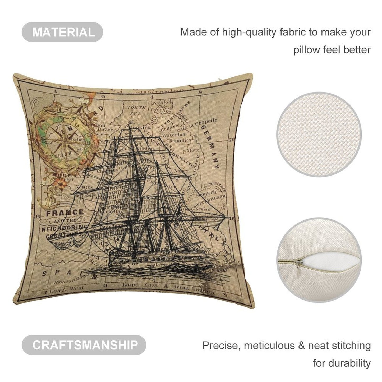 Dark Academia Vintage Pirate Ship Sailor Antique World Map Linen Throw Pillow Cover