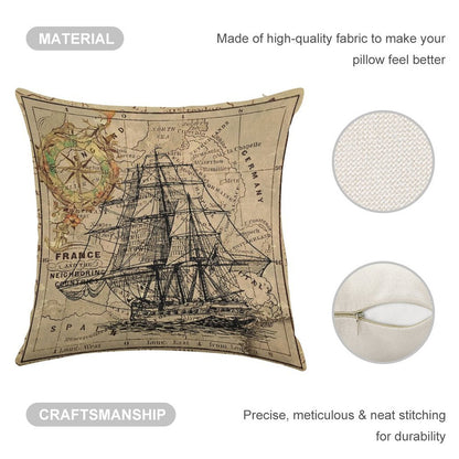 Dark Academia Vintage Pirate Ship Sailor Antique World Map Linen Throw Pillow Cover