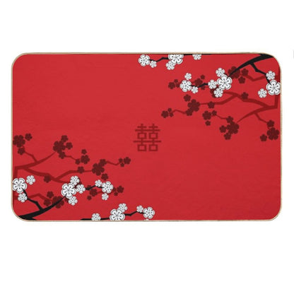 White Oriental Cherry Blossoms on Red And Chinese Wedding Double Happiness  Japanese Sakura © Fatfatin Bath Mat