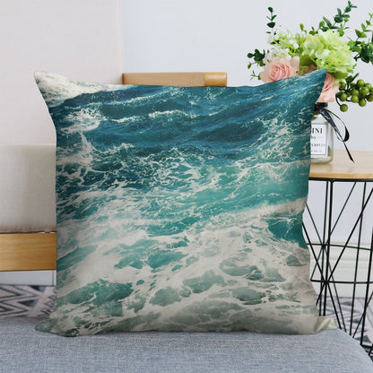 Blue Ocean Waves Linen Throw Pillow Cover