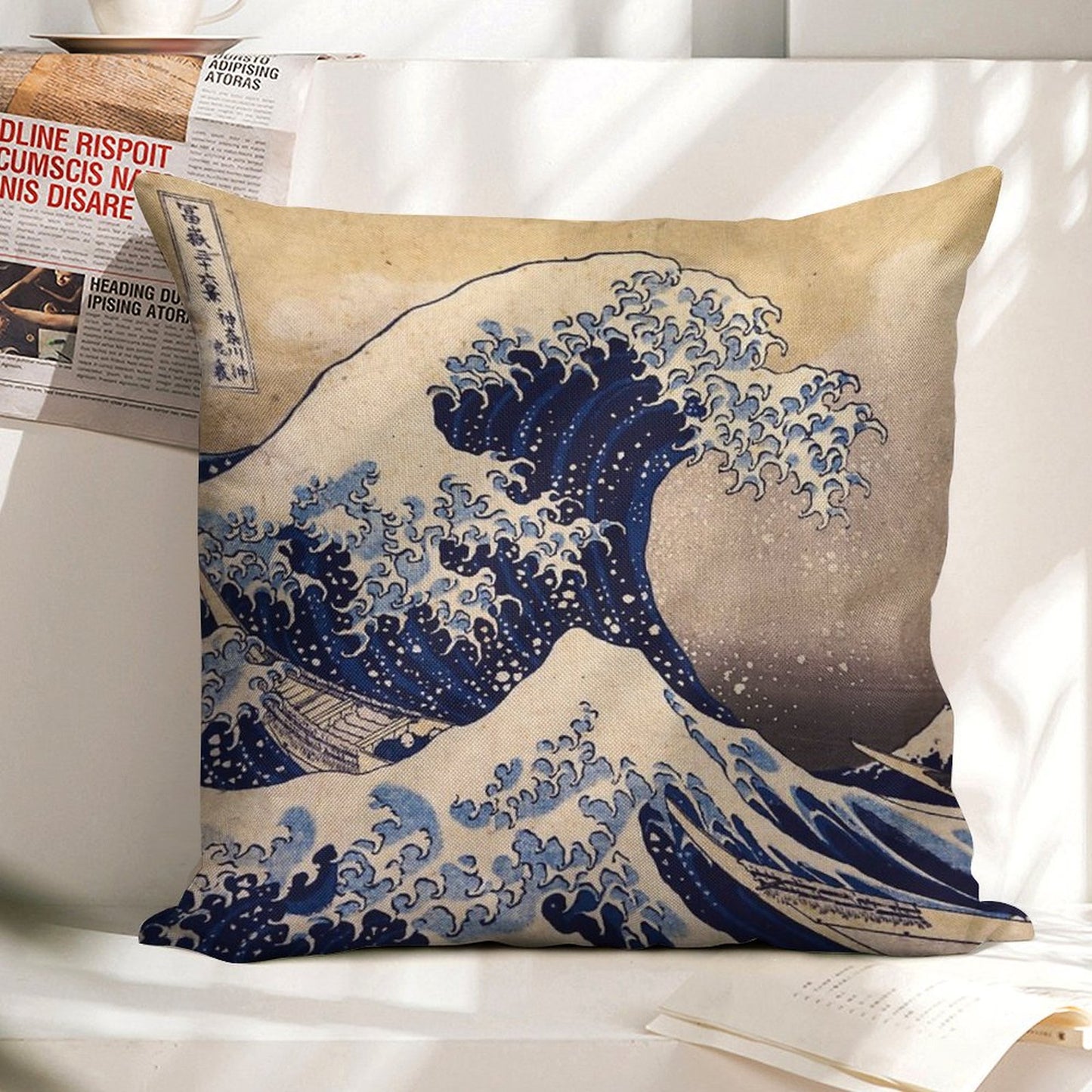 The Great Wave Off Kanagawa by Katsushika Hokusai (c 1830-1833) Linen Throw Pillow Cover