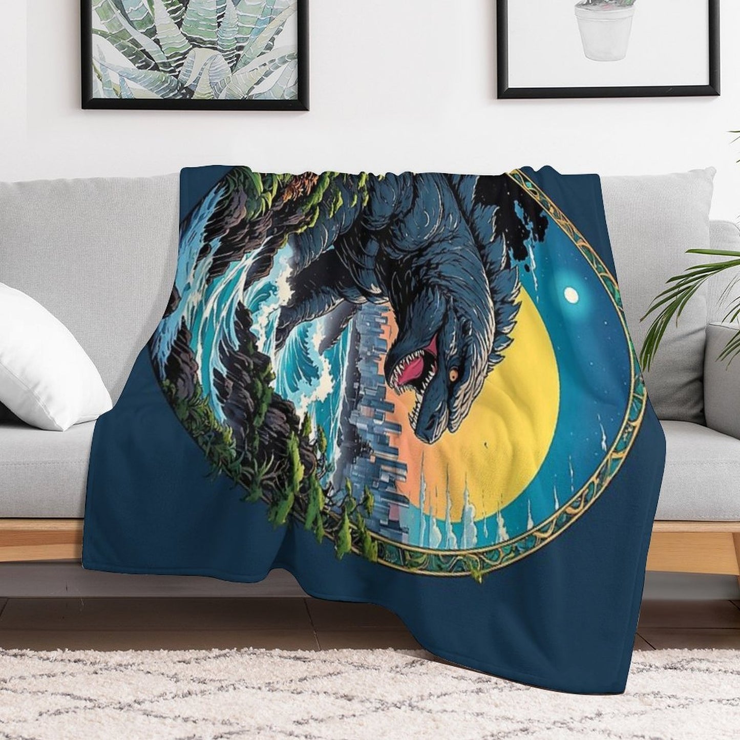 Godzilla Water Monster Gojira Retro Anime Japanese Art Throw Blanket