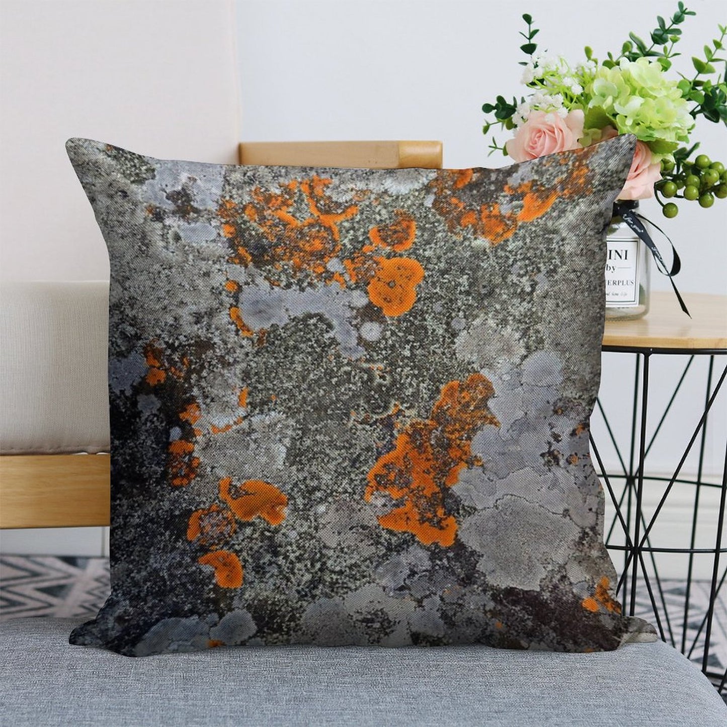 Orange And Grey Lichen Linen Throw Pillow Cover