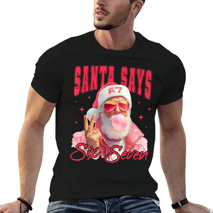 Santa Says Six Seven Christmas 67 Meme Xmas Boys Girls Funny  Rolled Sleeves T-Shirt