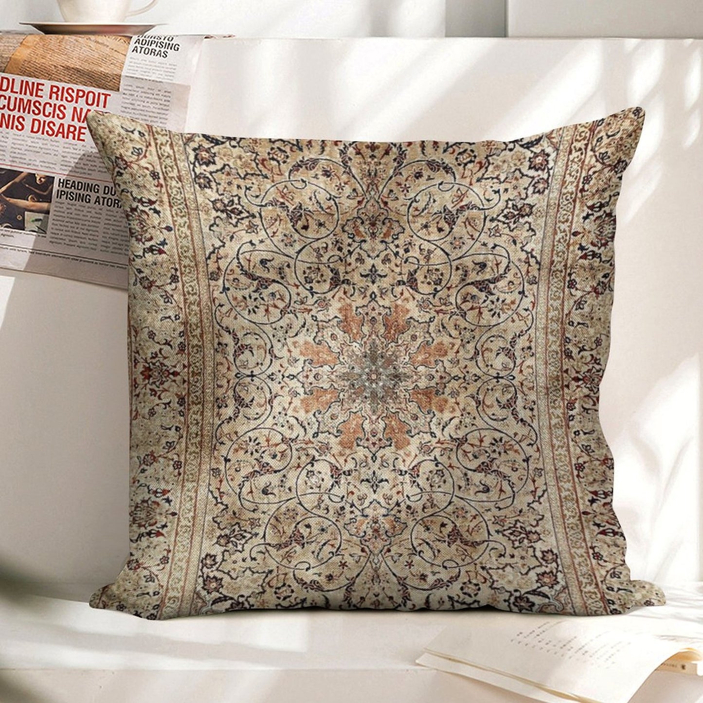 Silk Esfahan Persian Carpet Print Linen Throw Pillow Cover