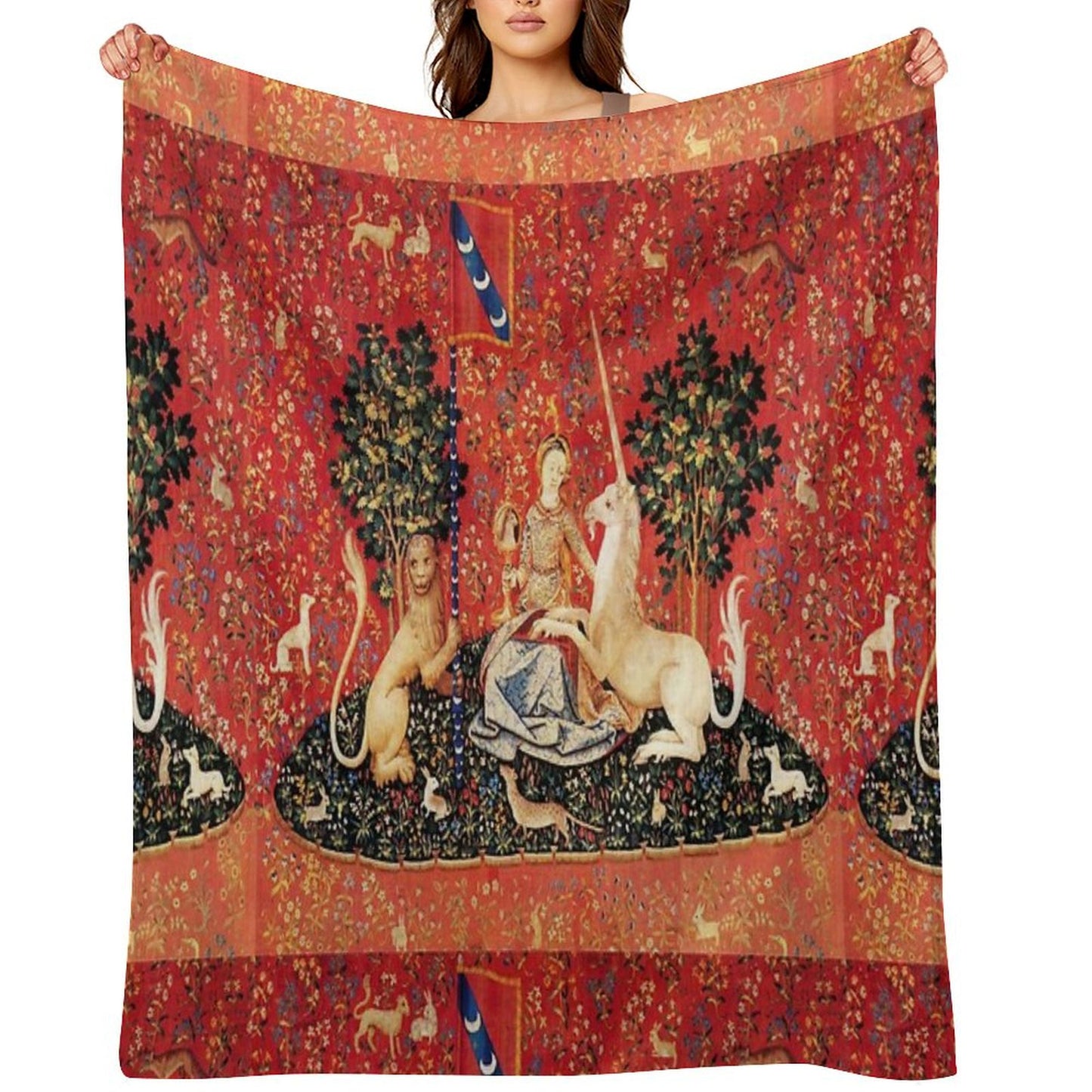 LADY AND UNICORN ,SIGHT  Red Green Fantasy Flowers,Animals Throw Blanket