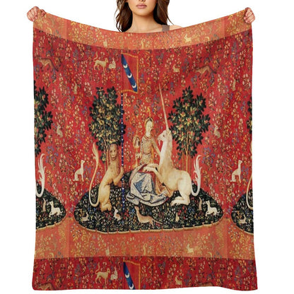 LADY AND UNICORN ,SIGHT  Red Green Fantasy Flowers,Animals Throw Blanket