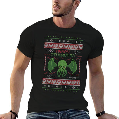 Merry Cthulhumas! Ugly Christmas Sweater Cthulhu  Ribbed Collar T-Shirt
