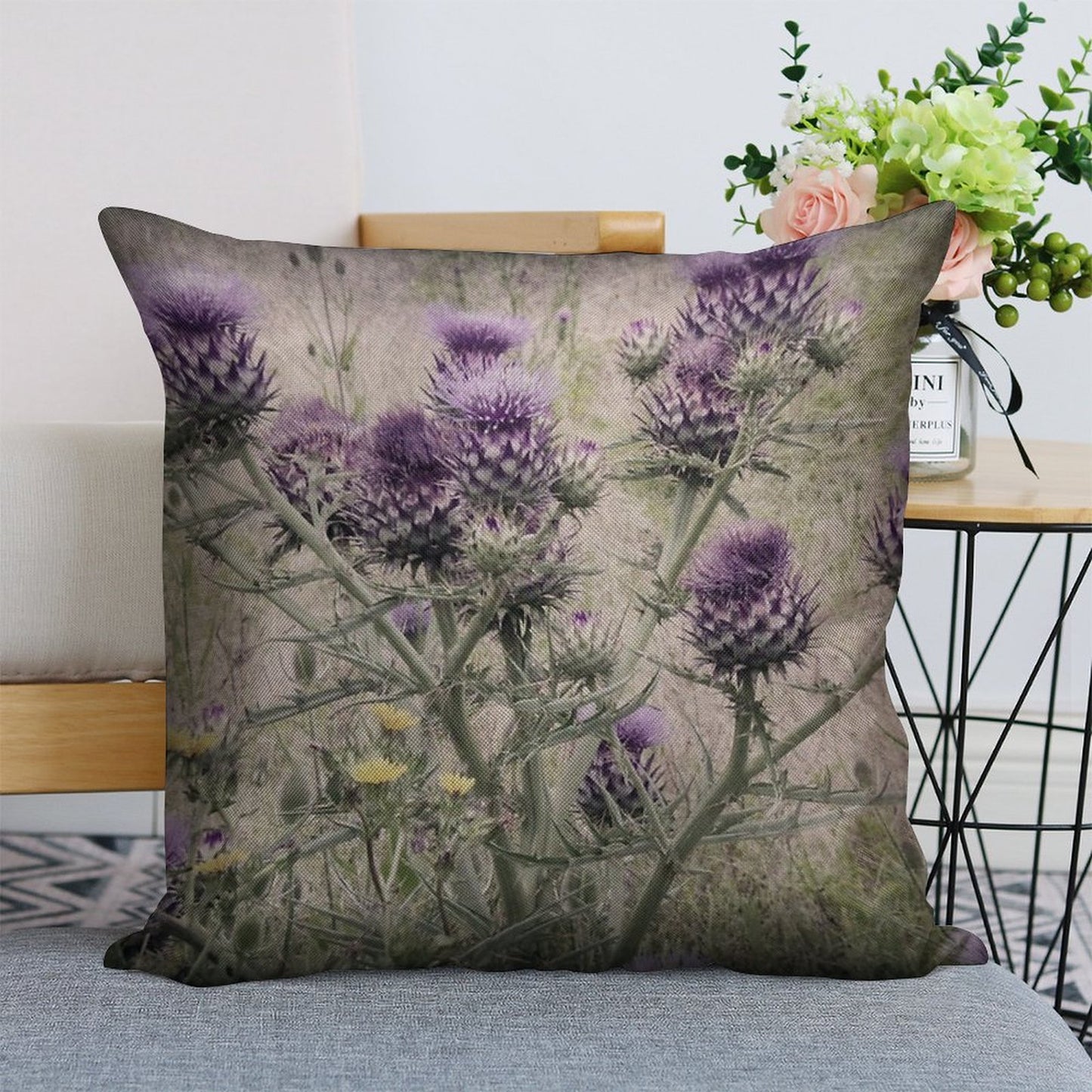 Purple Thistle Flowers with Yellow Daisies. Linen Throw Pillow Cover