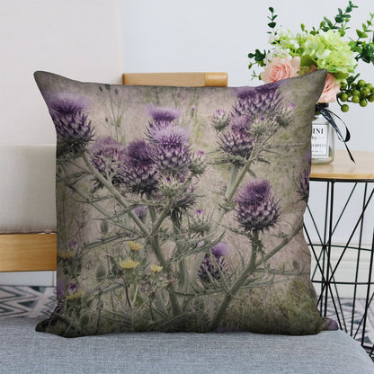 Purple Thistle Flowers with Yellow Daisies. Linen Throw Pillow Cover