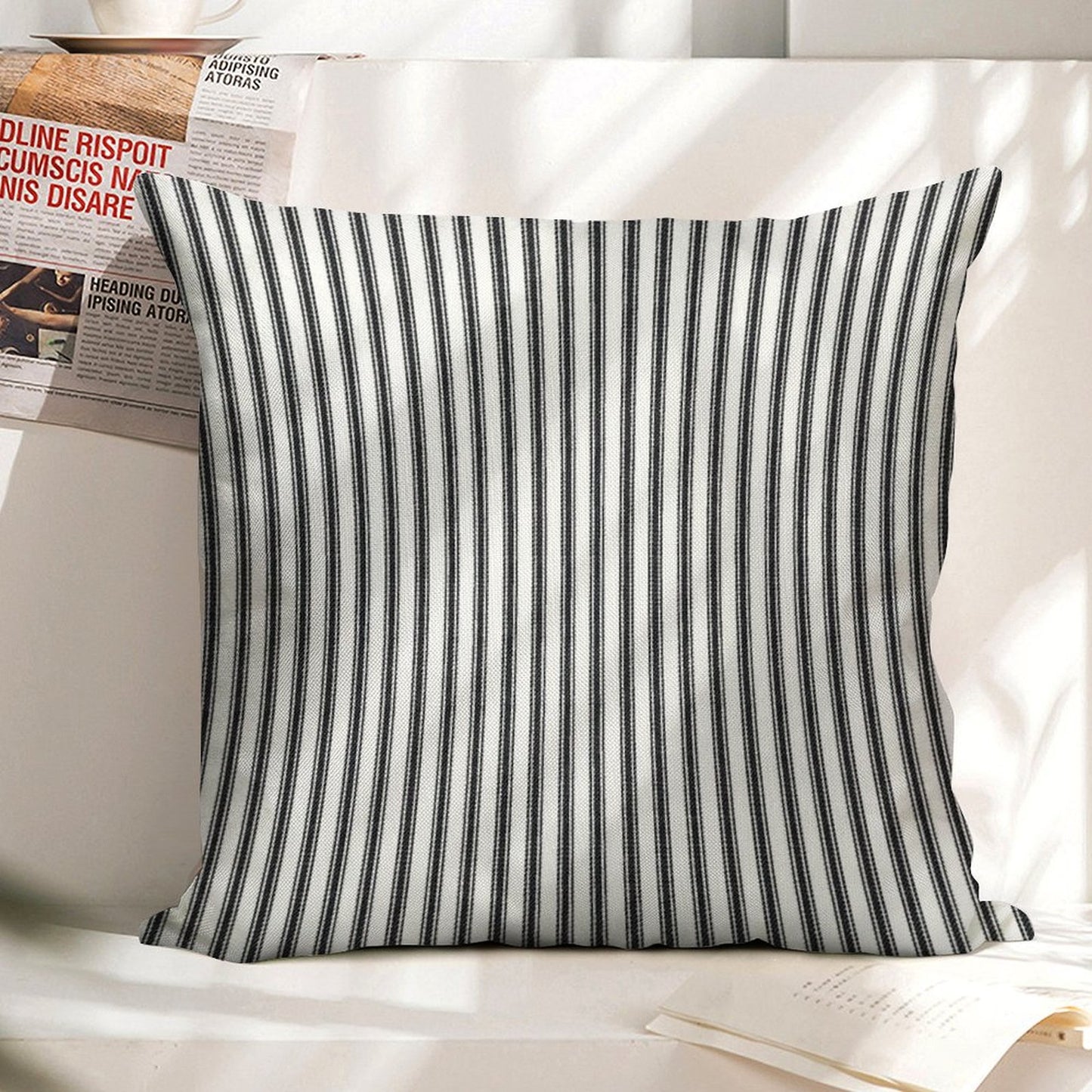 Old Fashioned Ticking Stripes Black And White Linen Throw Pillow Cover
