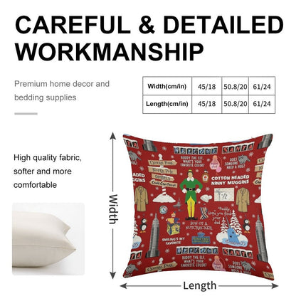 Buddy The Elf Collage, Red Background Linen Throw Pillow Cover