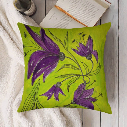 Botanical Lime Green And Purple Linen Throw Pillow Cover