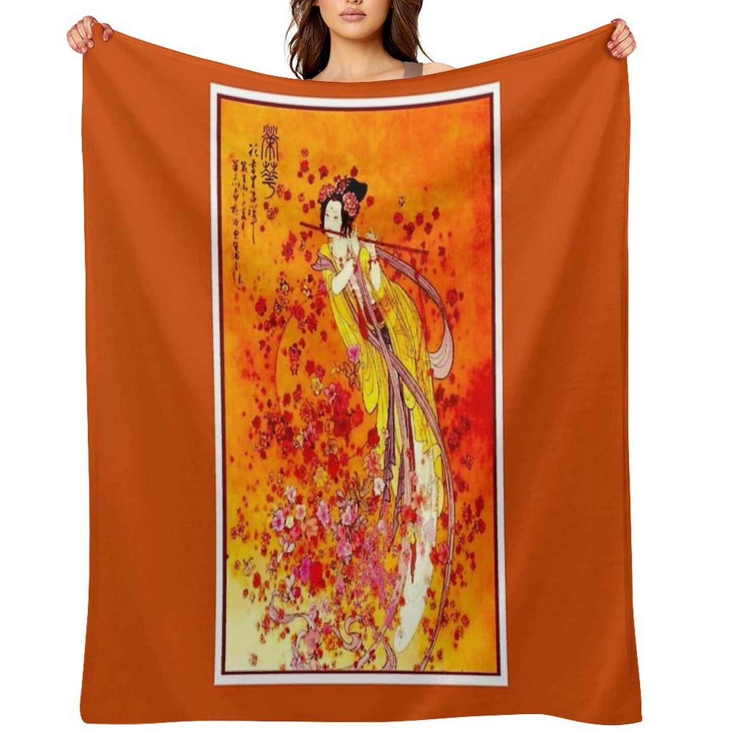 JAPANESE GEISHA PLAYING FLUTE Vintage Tourism Print Throw Blanket