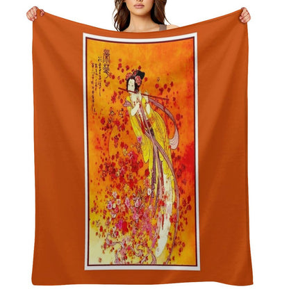 JAPANESE GEISHA PLAYING FLUTE Vintage Tourism Print Throw Blanket