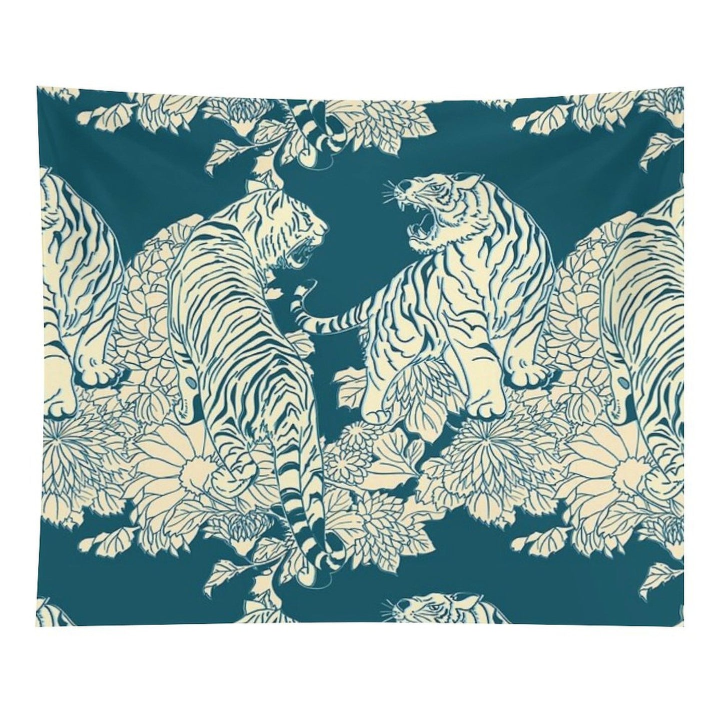 Teal And Cream Tigers And Flowers Tapestry