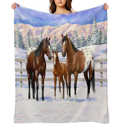 Bay Appaloosa Quarter Horses In Winter Snow Throw Blanket