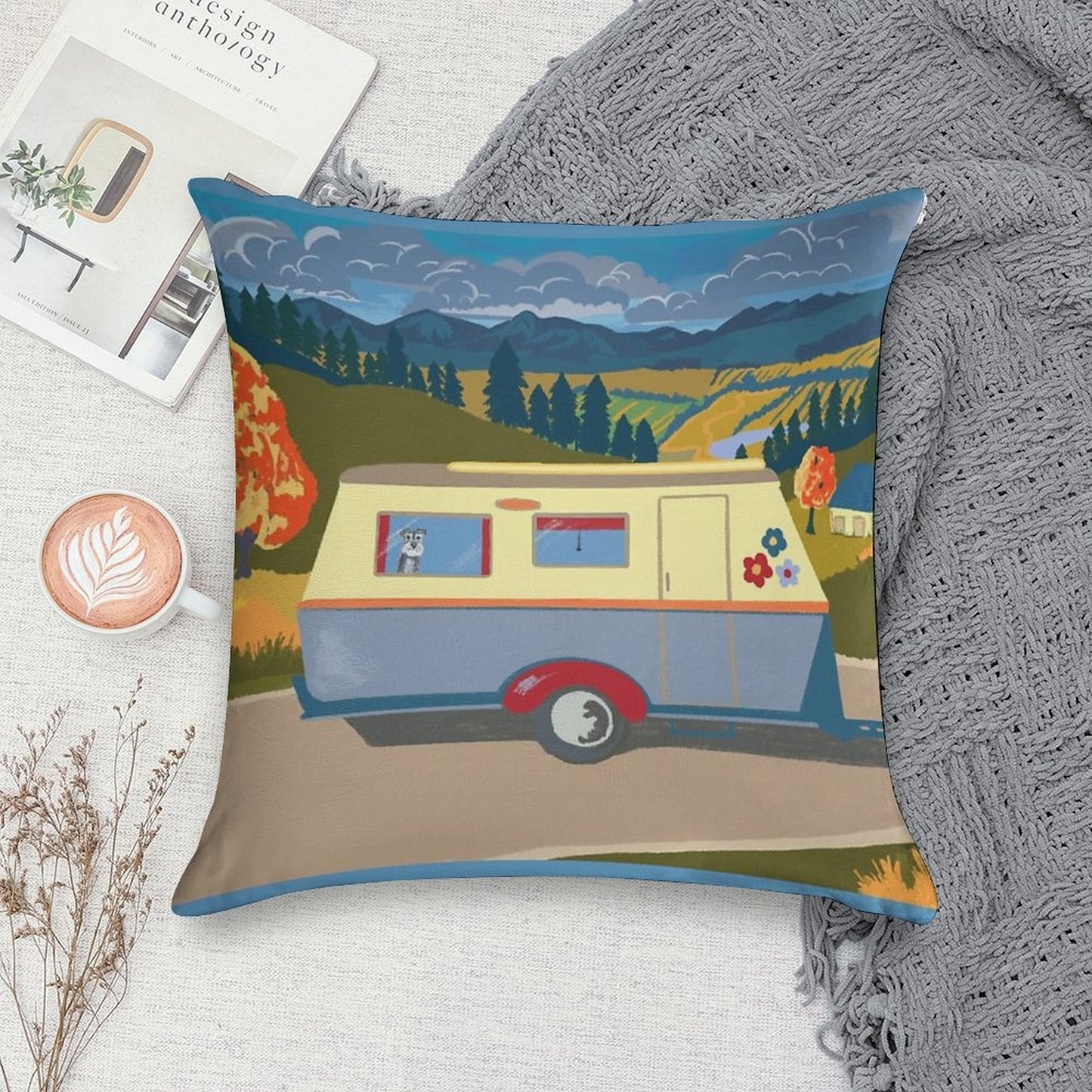 Vintage Caravan on Tour (with A Schnauzer!) Soft Multiple Sizes Throw Pillow