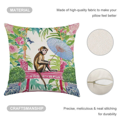 Monkey in Chinoiserie Garden Linen Throw Pillow Cover