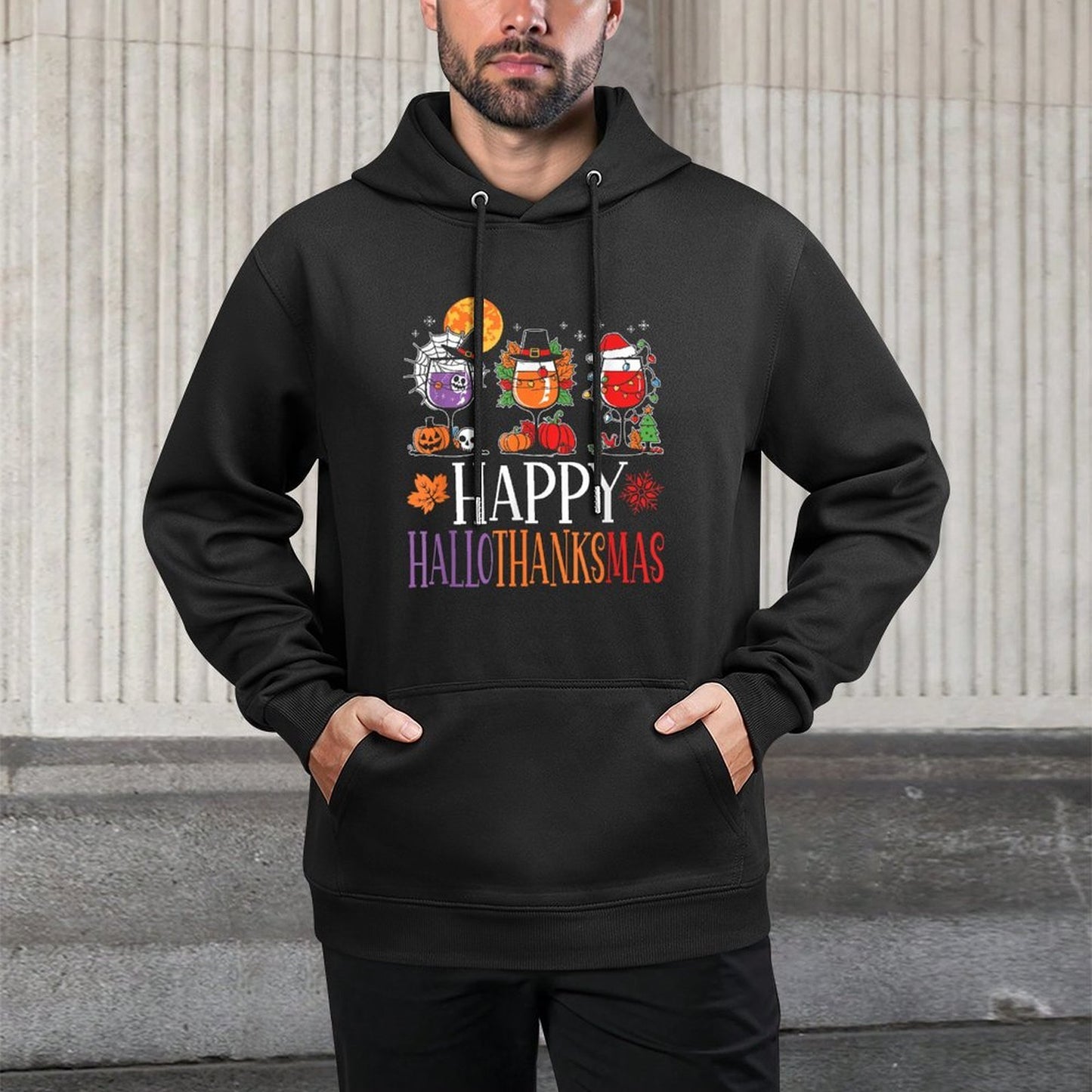 Happy Hallothanksmas Halloween Thanksgiving Christmas Wine Kangaroo Pocket Hoodie