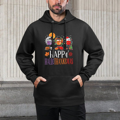 Happy Hallothanksmas Halloween Thanksgiving Christmas Wine Kangaroo Pocket Hoodie
