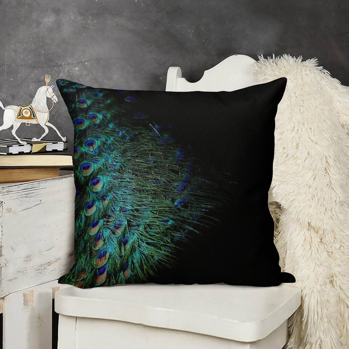 Peacock Feathers on A Black Background Linen Throw Pillow Cover