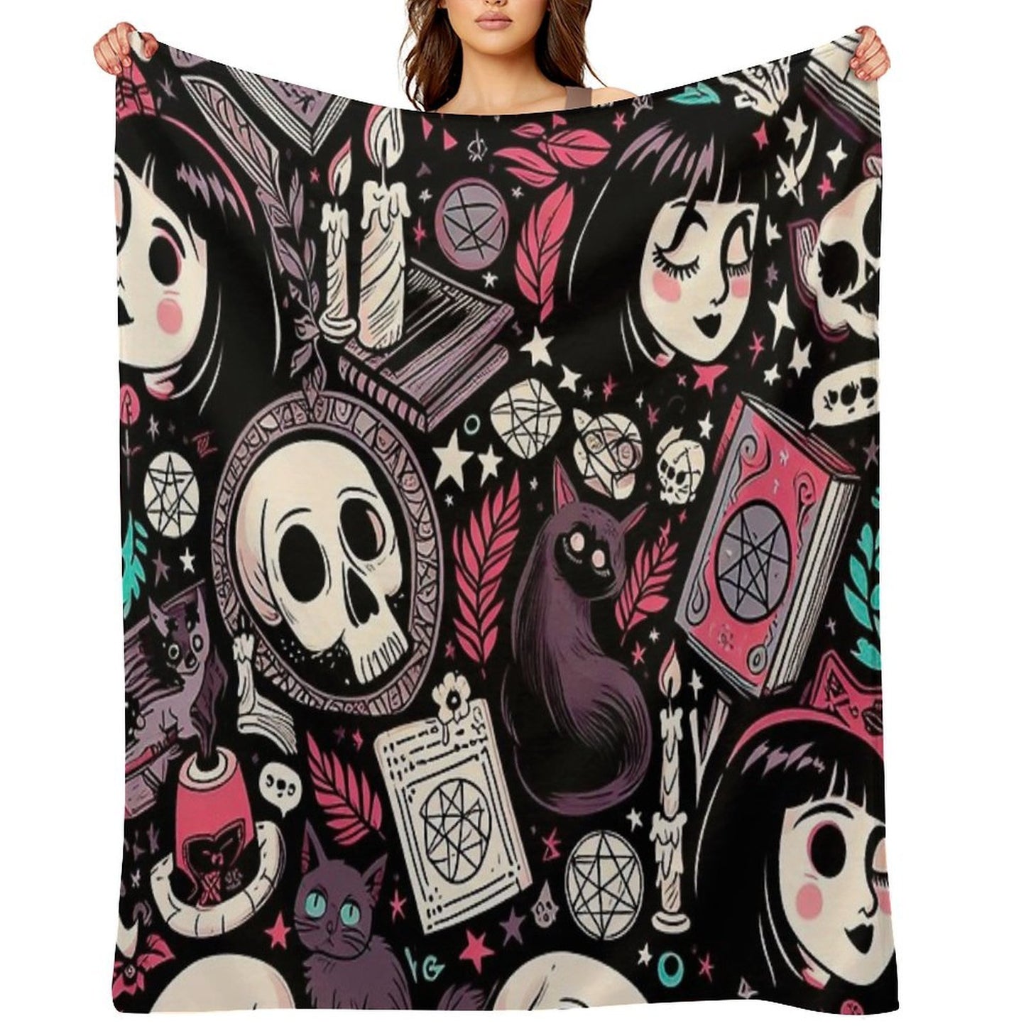 Neo-Gothic Wicca Skulls, Cats, And Ancient Spellbooks in An Intricate Pattern Throw Blanket