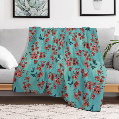 Sakura Butterflies in Turquoise Throw Blanket