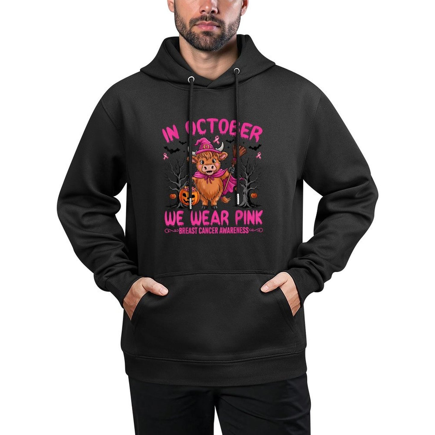 Highland Cow In October We Wear Pink Breast Cancer Halloween Colorfast Hoodie