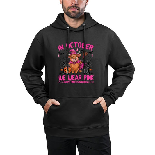 Highland Cow In October We Wear Pink Breast Cancer Halloween Colorfast Hoodie
