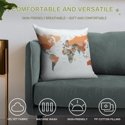 Map of The World in Burnt Orange And Teal Soft Luxury Feel Throw Pillow
