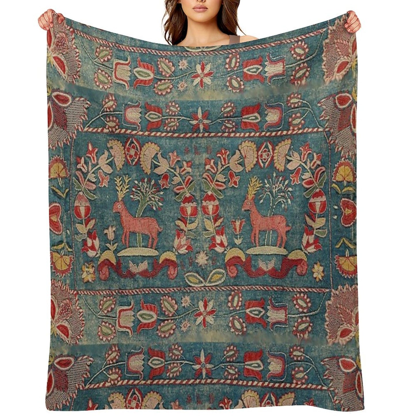 ANTIQUE  RED BLUE SWEDISH TAPESTRY WITH DEERS AND FLOWERS Throw Blanket