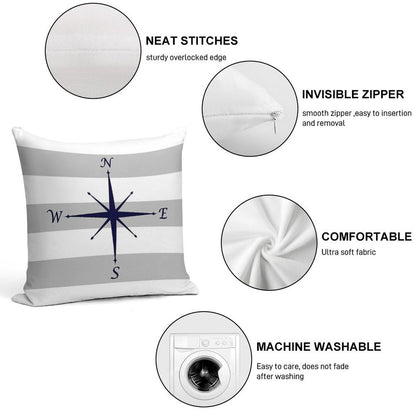 Nautical Navy Blue Compass On Silver Gray And White Stripes Soft Washable Throw Pillow