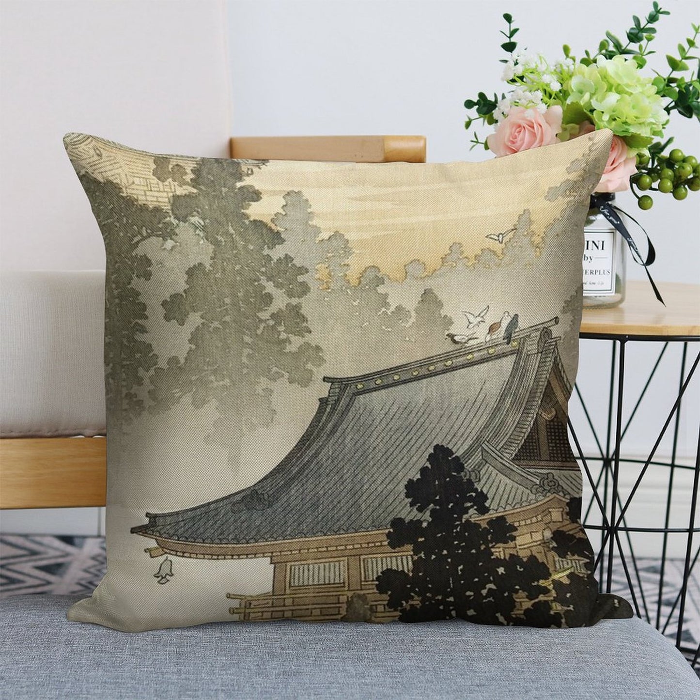 Pagoda - Japanese Art 1900s Linen Throw Pillow Cover