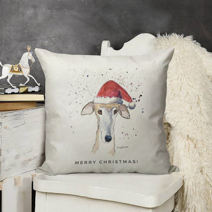Galgo Espanol Christmas Hat Card, Brindle Greyhound Art Linen Throw Pillow Cover