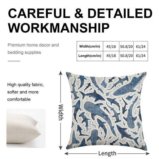 Monochrome Blue Watercolour Shark Ocean on White Linen Throw Pillow Cover