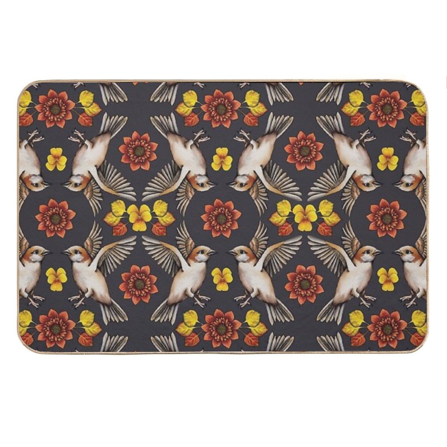 Autumn Sparrows with Flowers & Leaves Bath Mat