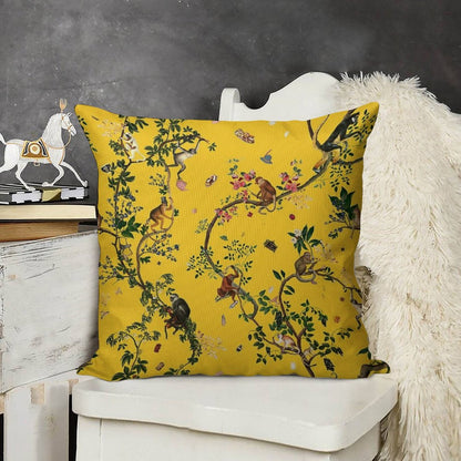 Monkey World Yellow Linen Throw Pillow Cover