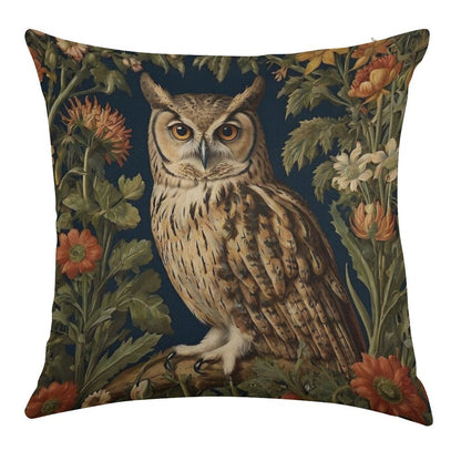 Vintage Forest Owl William Morris Style Linen Throw Pillow Cover